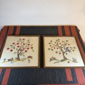 Vintage Tree of Life framed crewel embroidery Farmhouse pieces. 17 " x 17"
